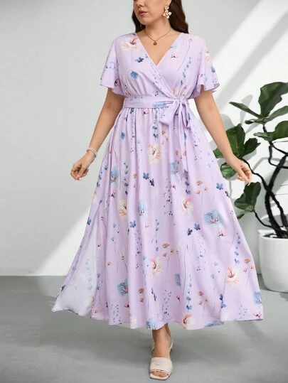 Firerie Plus Size Women V-Neck Loose Flowy Ankle Length Vacation Dress With Random Print And Tie Waist, Easter Dress, Summer,Beach Dress Sundress,Holiday Outfits Boho Spring