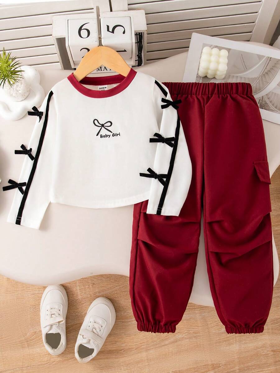 SHEIN Young Girls Spring/Autumn Bowknot Fashionable Sets, Long Sleeve Tops & Pants, Street Wear - Burgundy - View 1