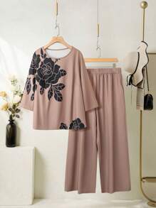 Linhara Mature Vintage Floral Colorblock Plus Size 2 Pieces Set, Spring/Summer - Khaki - View 1
