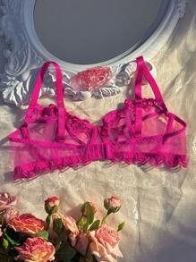 Plus Size Romantic Embroidery Lingerie Set With Underwire Lift & Support Bra, For Valentine's Day - Pink - View 2