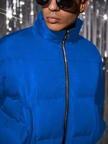 Manfinity VCAY 年轻男士时尚休闲日常奢华 PU 皮革修身长袖夹棉大衣，适合秋冬 - 寶藍色 - 查看 2