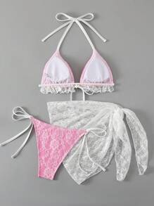 SHEIN Swim 3pcs/Set Women Lace Strap Ruffled Swimwear With Side Tie Bottoms And Drawstring Beach Skirt, Summer Festival Boho - Pink - View 7