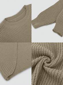 Calvaya Solid Wrap Hem Sweater,Long Sleeve Tops Knit Pullover Fall Winter Sweater - Camel - View 7