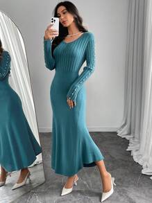 Modelyn Vestido jersey casual de manga larga con cuello en V y decoración de perlas sintéticas para mujer - Agua verde azul - Ver 6