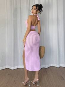 Chiquease New Spring/Summer Sexy Tie-Up Halter Floral Breathable Vacation Skirt Set For Women - Pink - View 2