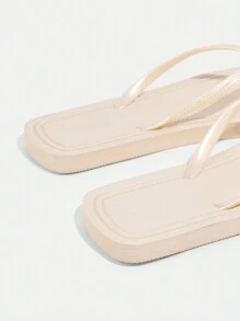 杏色简约舒适方头平底人字凉鞋，休闲户外和家居服装 - 杏色 - 查看 5