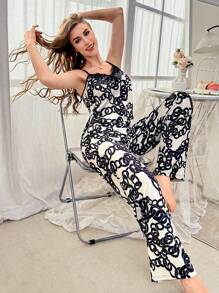 2pcs Women Contrast Lace Trim Graphic Print Pajama Set With Chain Decor - Multicolor - View 3