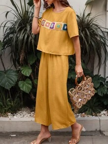 SHEIN LUNE Conjunto de 2 piezas para mujer con mangas cortas y diseño patchwork de estilo bohemio