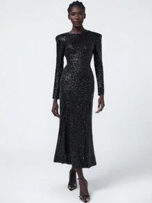 Aveloria Modichic Vestido ajustado de cola de pez para fiestas con cuello redondo, mangas largas, de malla con lentejuelas y calado para mujer