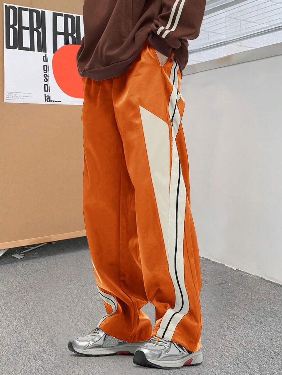 Manfinity Hypemode 男士宽松撞色侧缝长裤,休闲时尚,适合秋季日常穿着 - 橘色 - 查看 1