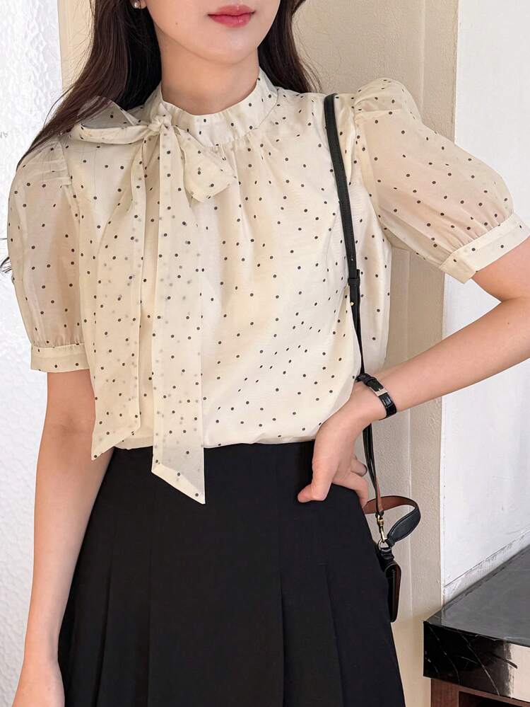 Women's Elegant Polka Dot Short Sleeve Tie Neck Pullover Blouse,Business Casual Women Fall