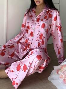 Women Full Flower Print Long Sleeve & Long Pants Pajama Set - Multicolor - View 3