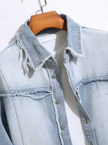 Manfinity Homme Men Front Button Long Sleeve Frayed Edge Casual Denim Shirt, Fall