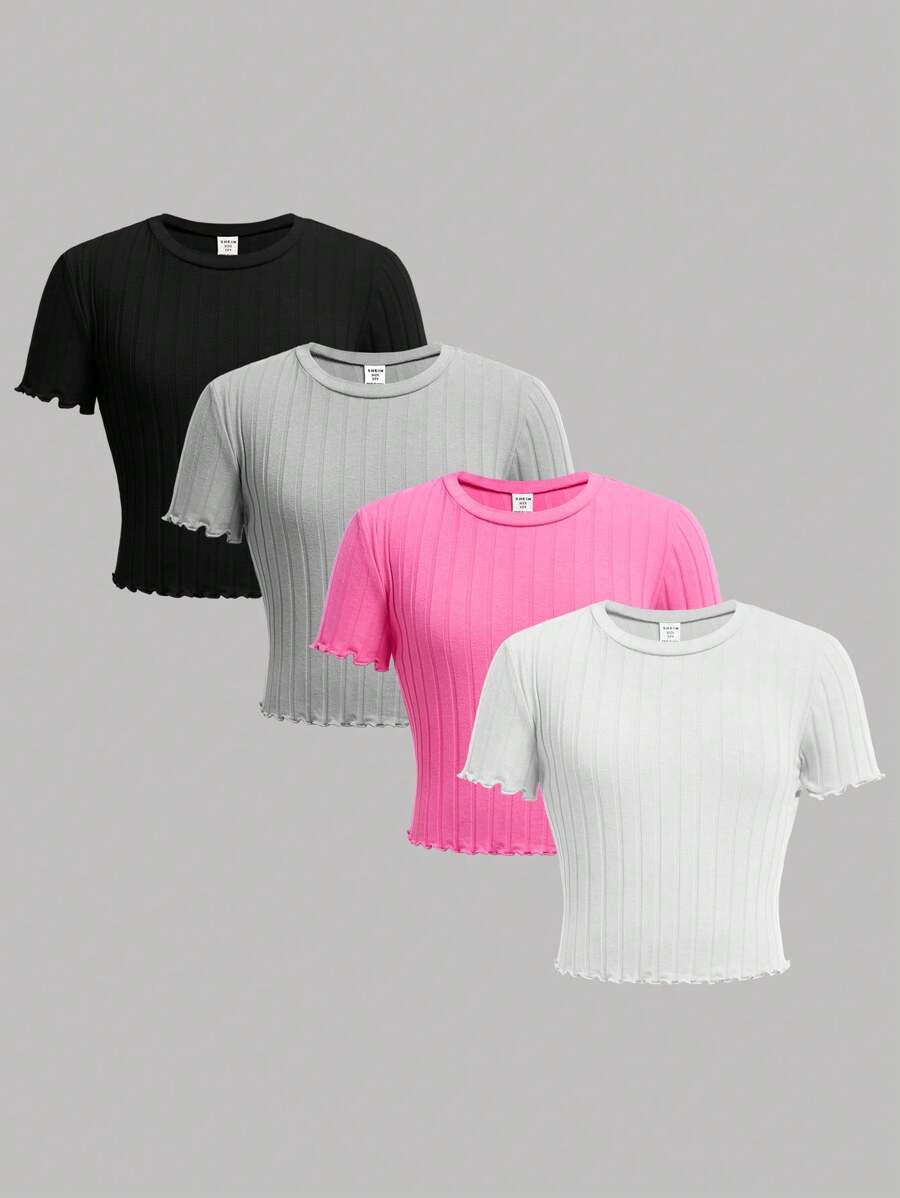 SHEIN 3-Pack Tween Girls Casual Versatile Comfy Knit Textured Soft Stretch Crew Neck Short Sleeve Tops, Suitable For Everyday Wear, Spring & Summer - Multicolor - View 1