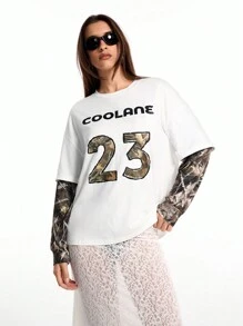 Coolane Women's Couple Same Style Y2K Cargo Knit Camo Tree Branch Pattern Two Fake Pieces Long Sleeve Over Size T-Shirt - White - View 3