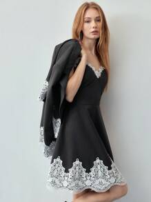 MOTF STUDIO WOMEN V-NECK LACE PATCHWORK SLIP MINI DRESS - Grey - View 4