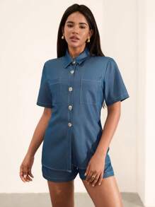 SHEIN Unity Ensemble 2 pièces décontracté pour femmes, look effet jean minimaliste, à porter au quotidien - Bleu azur - Voir 6