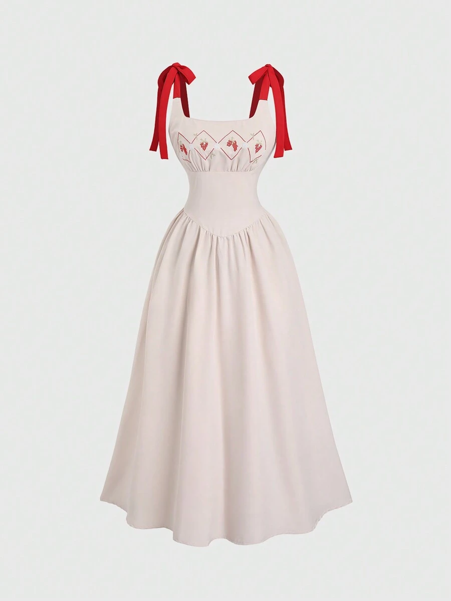 Sweetra 法式复古刺绣花卉印花度假休闲拼色系带 A 字裙 - 杏色 - 查看 1