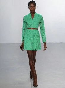 Aveloria Modichic Đầm ngắn chữ A tay dài thêu nút màu xanh lá cây thanh lịch, rộng rãi, cổ điển, thanh lịch cho kỳ nghỉ dành cho nữ - màu xanh lá - Xem 3