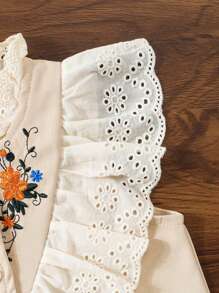 2pcs Baby Girls Ruffled Embroidered Sleeveless Top And Plain Flower Shorts Set, Summer Outfit - Khaki - View 6