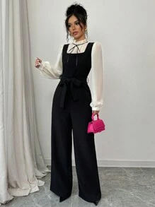 SHEIN PETITE Bộ đồ liền thân ống đứng cạp cao màu tương phản thanh lịch dành cho nữ kèm áo sơ mi 2 món - màu đen - Xem 4