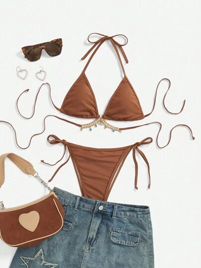 SHEIN MOD Conjunto de bikini marrón para mujer, estilo bohemio, para citas, vacaciones, ropa de verano