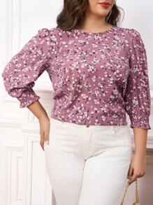 SHEIN Clasi 大码女式优雅碎花纽扣衬衫，秋季 - 粉色 - 查看 5