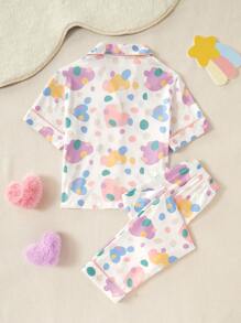 2pcs Young Girl Fashionable Cute Polka Dot Heart V-Neck Shorts Pajama Set Kids Clothes Sets Pj Sets ,Spring Summer Clothes - Multicolor - View 3