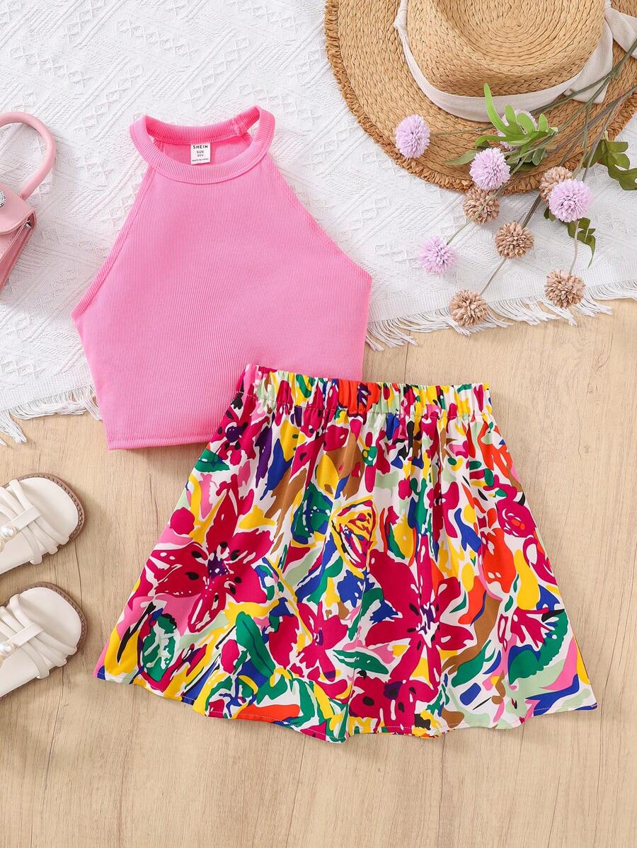 SHEIN Leap Crew 两件套少女休闲针织上衣和碎花迷你裙套装 - 玫紅色 - 查看 1