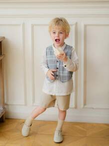 Souflis Souflis 3 件套年轻男孩日常绅士装：白色休闲衬衫、格子背心、松紧腰直筒短裤，春秋 - 彩色 - 查看 6