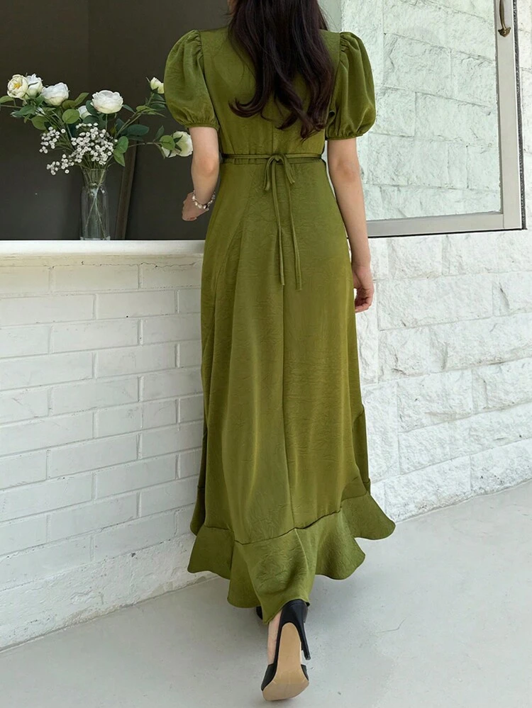 Women Solid V-Neck Ruffle Flare Sleeve Mid-Length Dress, Olive Green, Spring/Summer Sundress,Casual Women Dresses Maxi Dress Cocktail Dress