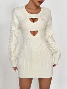 Flirla Vestido de punto con diseño de corazón hueco, versátil, para el Día de San Valentín - Blanco - Ver 7