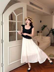 DAZY Women's Round Neck Pleated Ruffle Hem Colorblock Casual Midi Dress - Black - View 6