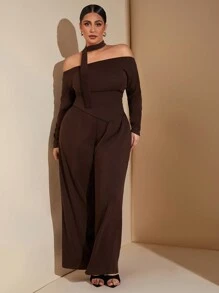 SHEIN BAE Plus Size Women Brown Cold Shoulder Top With Pointed Hem And Skinny Straight-Leg Pants Set, Minimalist Two-Piece Outfit, Suitable For Summer/Spring Seasons, Occasions Like Valentine's Day, Carnival, Beach, Vacation, Back To School