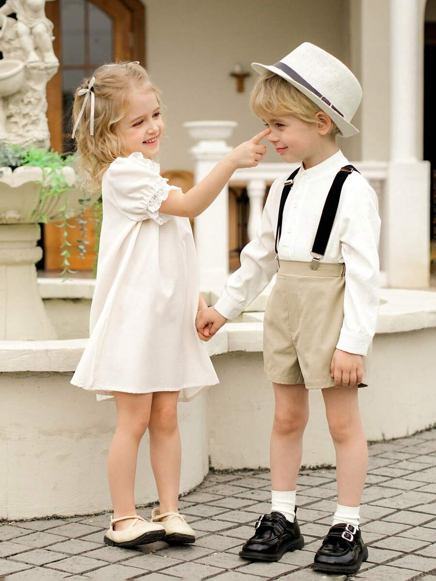 SHEIN Mädchen Retro Französischer Stil Hochkragen Blumen Spitze Puffärmel Strukturiertes langes Kleid, eleganter minimalistischer Frühling/Sommer - Aprikosenfarben - Übersicht 1