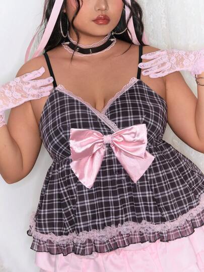 Kawaii Plus Size Women Vintage Floral Lace Bow Plaid Big Bow Babydoll Cami Top