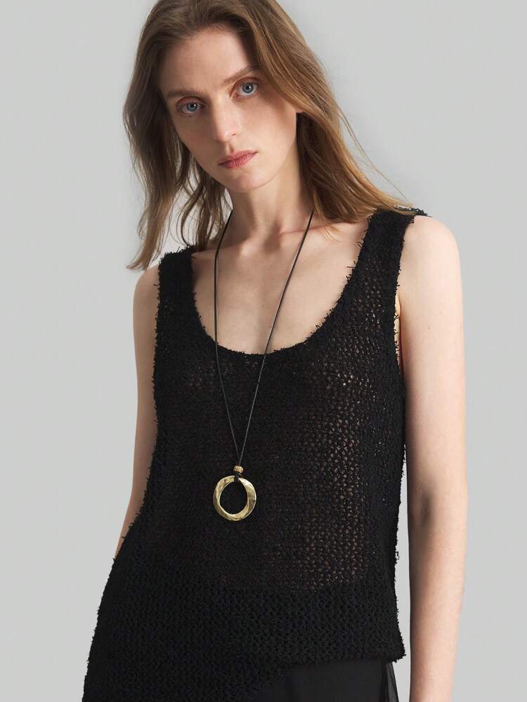 Women's Black Loose Crew Neck Sleeveless Casual Knit Top, Bohemian Style, Everyday Leisure Wear, Spring/Summer 2025