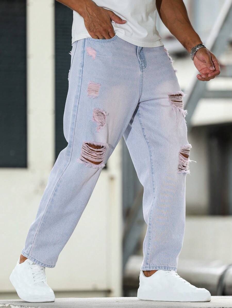 Manfinity EMRG 男士破洞水洗宽松牛仔裤，街头时尚风格