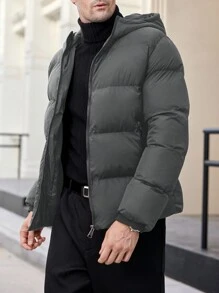 Manfinity Mode Men's Thickened Zip-Up Stand Collar Wadded Jacket, Suitable For Winter - Grey - View 1