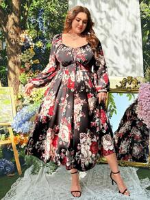 SHEIN Unity Plus Size Square Collar Heart Neck Bowknot Cuff Long Sleeve Floral Print Ruffle A-Line Maxi Vintage Elegant Cute Dress For Women, Resort Wear - Multicolor - View 3