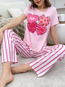 Heart Pattern Cute Women Pajama Set - Pink - View 1