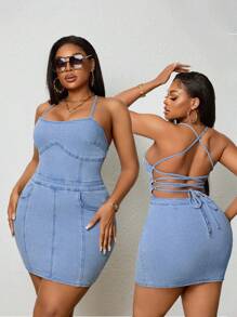 SHEIN SXY 大码休闲牛仔连衣裙，简约时尚，适合日常穿着 - 藍色 - 查看 1