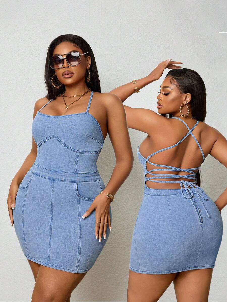 SHEIN SXY 大码休闲牛仔连衣裙，简约时尚，适合日常穿着 - 藍色 - 查看 1