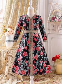 Young Girl Solid Color V-Neck Long Sleeve Simple Casual Dress - Yellow - View 3