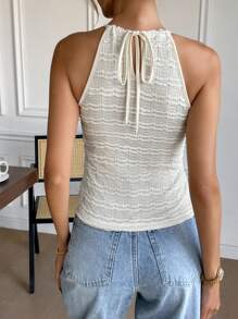 SHEIN Frenchy Camiseta de tirantes con escote halter y encaje en contraste de color albaricoque, top ajustado con textura estriada y retorcida, para uso diario, atuendos casuales para vacaciones en Francia, vestidos de cita, día de la boda