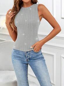SHEIN Essnce Women Tank Top Women's Solid Color Shiny Round Neck Slim Fit Tank Knitted Sleeveless Round Neck Tank Top Outfits