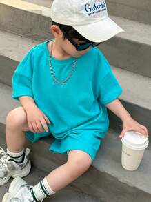 SHEIN 2pcs/Set Baby Boy Casual Solid Color Letter Print Short Sleeve T-Shirt And Elastic Waist Shorts Set, Summer