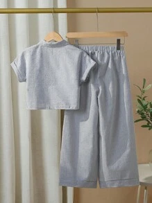 2 Pcs/Set Tween Girls Striped Woven Cotton Short Sleeve Shirt With Wide ...