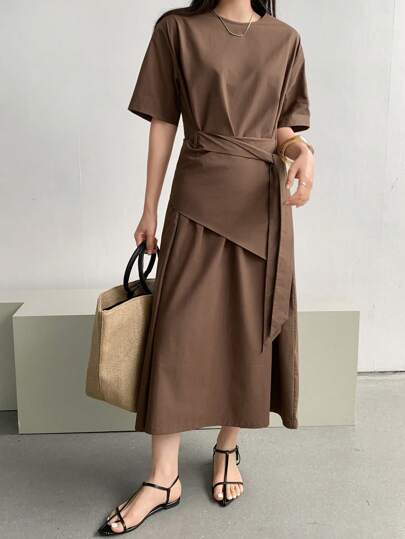 Dazy-Less 女士休闲商务宽松设计不对称收腰中长连衣裙