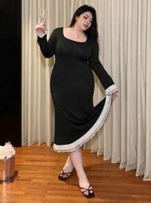 Dazy Plus Solid Color Splicing Square Neck Wrap Long Dress, Spring Summer Autumn Party Women Dresses Milkmaid Dress,Ruffle